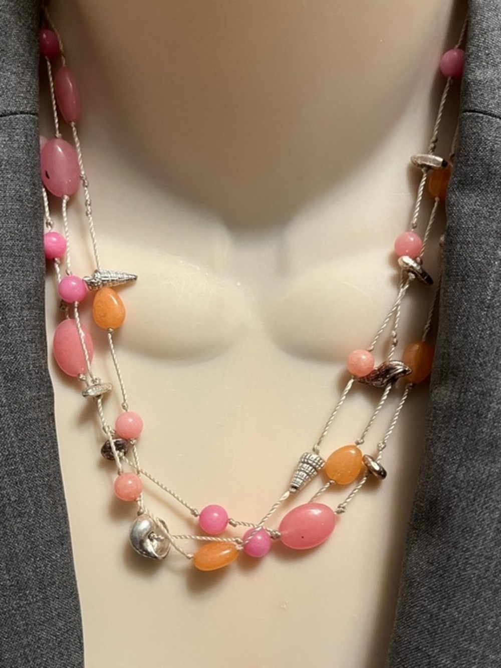 Talbots Multi-Strand Pink & Orange Bead Necklace with Seashell Accents
